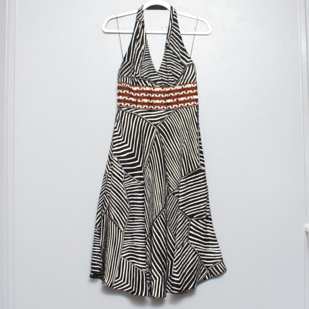 Vintage 90s Y2k striped halter neck beaded waist midi dress